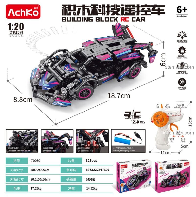 Thông số kỹ thuật chi tiết của đồ chơi mô hình Xe Đua Tương Lai AchKo 70030, bao gồm kích thước và các tính năng chính.