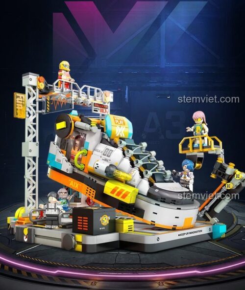 Toàn cảnh đồ chơi mô hình AREA-X AX0030 Trạm Cơ Sở Giày Sneaker cùng 6 minifigure, nổi bật với đèn LED và các chi tiết máy móc.