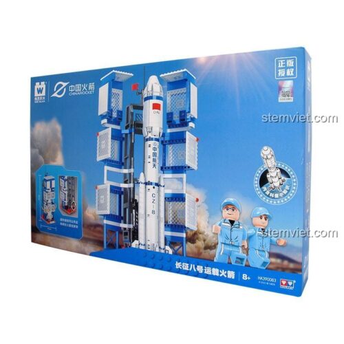Hộp đồ chơi lắp ghép Tên lửa đẩy Trường Chinh 8 HA390083 của AULDEY, thể hiện rõ 708 chi tiết và minifigure phi hành gia, phù hợp bé trai 8 tuổi, chất lượng cao.