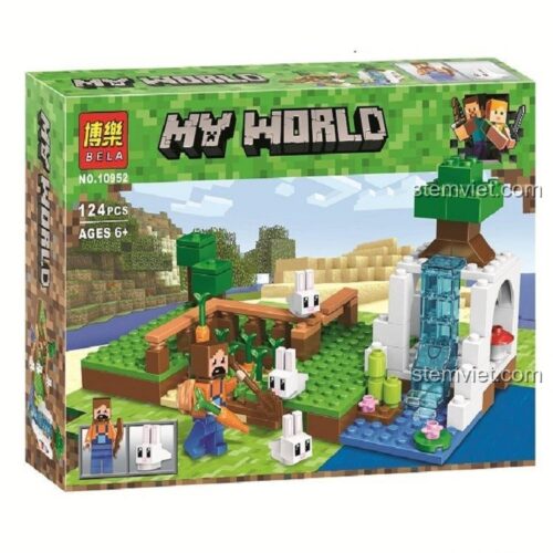 Mô hình bộ lắp ghép Trang trại thỏ Minecraft Bela 10952 với nhân vật và 3 chú thỏ, phù hợp cho bé trai 6 tuổi, giá rẻ.