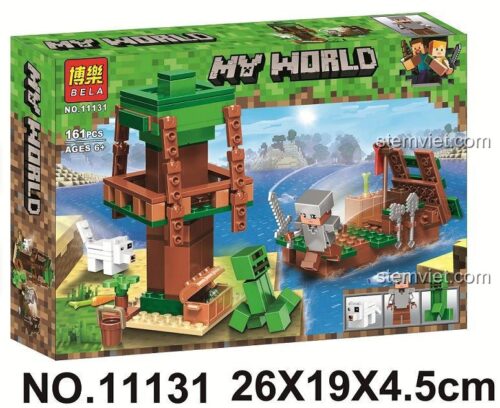 Mô hình bộ lắp ráp BELA 11131 Cuộc phiêu lưu Minecraft với nhà cây, thuyền, nhân vật Steve, Creeper và mèo, phù hợp cho bé trai 6 tuổi, giá rẻ.