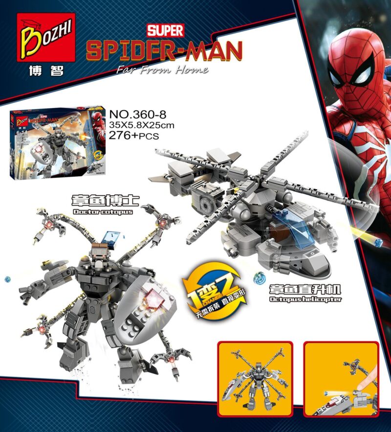 Bozhi 360-8 đồ chơi lắp ráp Người Nhện Doctor Octopus và Trực thăng Bạch Tuộc, mô hình 2 trong 1 biến hình không cần tháo rời, phù hợp bé trai 6 tuổi, giá tốt