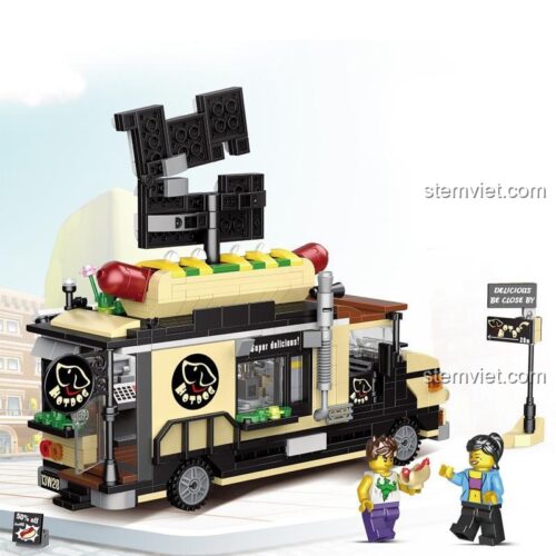 Mô hình Xe bán đồ ăn Hotdog Brick Element 19005 sau khi lắp ráp, với chi tiết sắc nét. Đồ chơi xây dựng cho bé trai, bé gái.