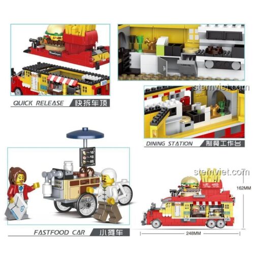 Chi tiết và kích thước của đồ chơi xếp hình 19007 xe tải bán đồ ăn nhanh, món quà sáng tạo cho bé gái.