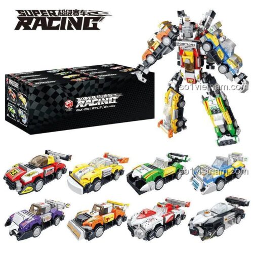 Toàn bộ sản phẩm đồ chơi mô hình Buluke BLK-016, bao gồm hộp, 8 xe đua và robot hợp thể. Món quà sinh nhật ý nghĩa cho con trai.