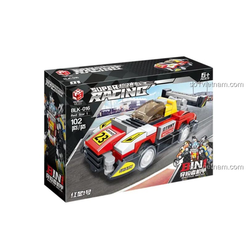 Hộp và mô hình xe đua Red Star 1 màu đỏ trắng, một phần của bộ lắp ghép Chiến binh Mecha hợp thể Buluke.
