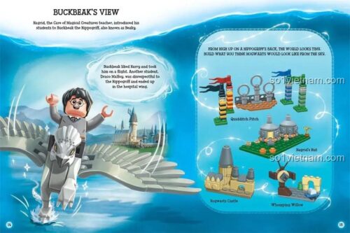 Hình ảnh bên trong sách Harry Potter Buster Books, mô tả cảnh Buckbeak và Harry Potter bay, đồ chơi lắp ghép Harry Potter kích thích trí tưởng tượng cho bé 7 tuổi.