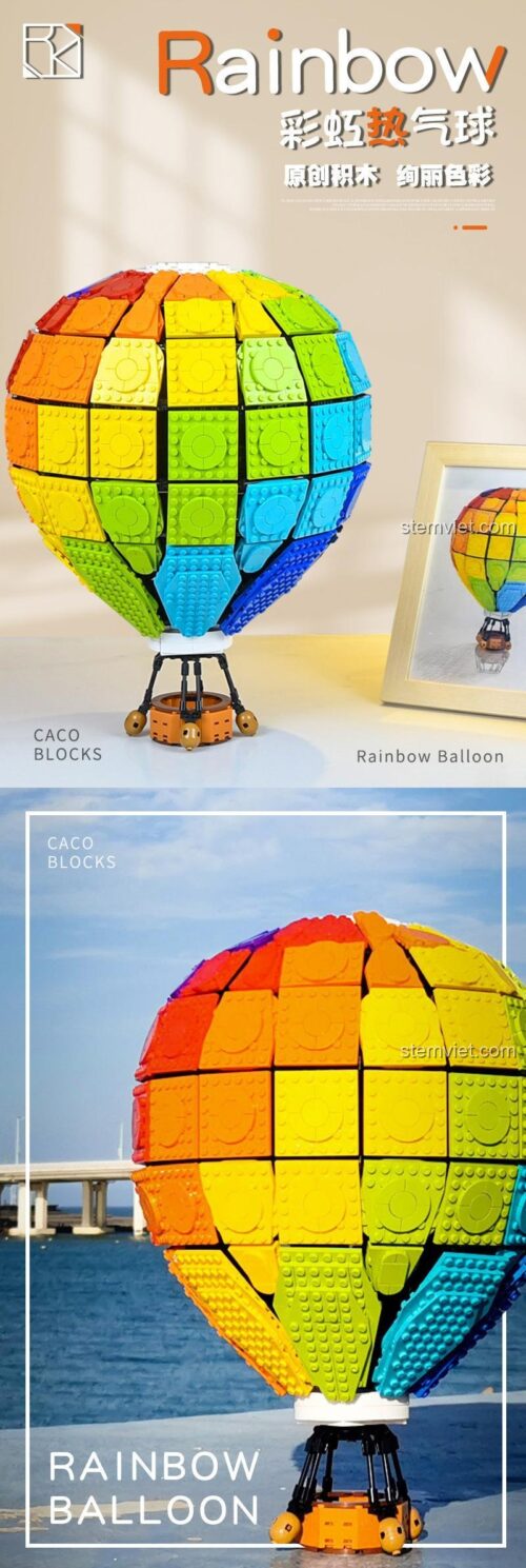 Ảnh quảng cáo bộ xếp hình CACO C002 Khinh khí cầu cầu vồng, thể hiện màu sắc rực rỡ và thiết kế độc đáo.