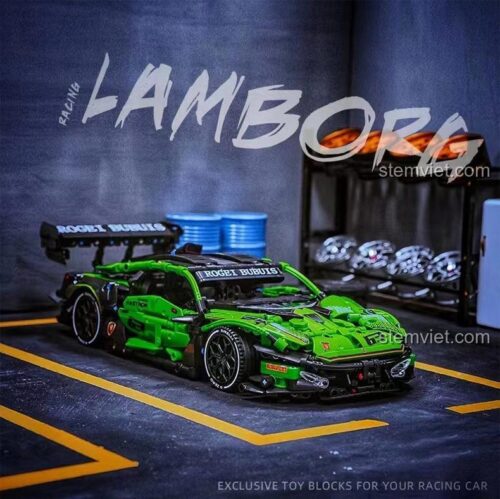 Đồ chơi lắp ráp CACO C019 Xe Đua Lamborghini Xanh Lá trên nền cảnh quan, mô hình siêu xe tỉ lệ 1:14, phù hợp bé trai 14+ tuổi, chất lượng cao.