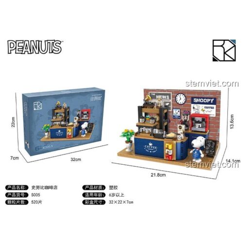 Hộp sản phẩm bộ lắp ghép Peanuts Snoopy S005, 咔扣CACO, 520 mảnh, kích thước hộp 32x22x7cm, phù hợp cho bé gái 6 tuổi, rèn luyện sự khéo léo và phối hợp tay mắt