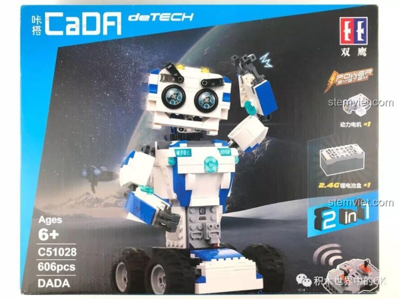 Hộp sản phẩm của bộ đồ chơi Robot lắp ráp 2 trong 1 CaDA C51028, thể hiện rõ hình ảnh robot DADA và các tính năng nổi bật.