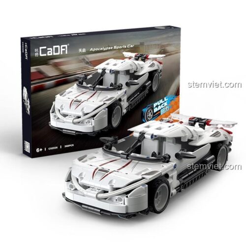 Hộp và mô hình bộ lắp ráp CaDA C52026 Xe Thể Thao Apocalypse 368 mảnh, đồ chơi mô hình Xe Đua Apocalypse với động cơ kéo lùi mạnh mẽ.