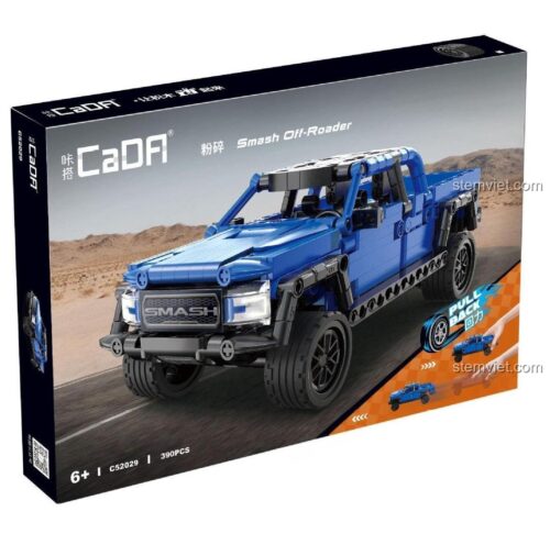 Hộp sản phẩm bộ đồ chơi CaDA C52029 Xe Bán Tải Địa Hình Smash Off-Roader 390 mảnh, thể hiện tính năng kéo lùi, phù hợp bé trai 6+ tuổi.
