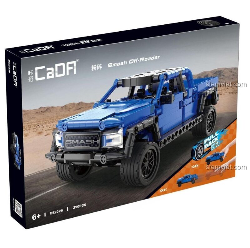 Hộp sản phẩm bộ đồ chơi CaDA C52029 Xe Bán Tải Địa Hình Smash Off-Roader 390 mảnh, thể hiện tính năng kéo lùi, phù hợp bé trai 6+ tuổi.