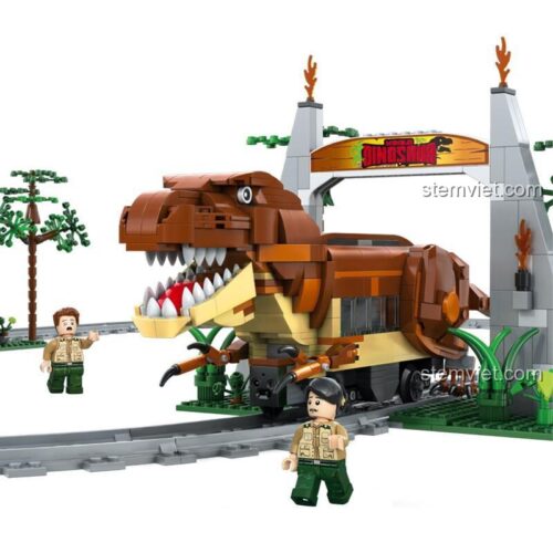 Đồ chơi lắp ráp tàu hỏa khủng long Kỷ Jura Double Eagle 59003 với 2 minifigure nhà thám hiểm, chi tiết cao, cho bé trai 6 tuổi.