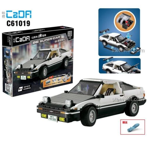 Hộp sản phẩm bộ lắp ráp CaDA C61019 xe Toyota AE86, hiển thị các tính năng nâng cấp và số lượng 1234 chi tiết.