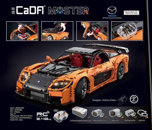 Bộ lắp ráp CaDA C61502 Mazda RX-7 VeilSide Fortune tỉ lệ 1:8, đồ chơi mô hình xe thể thao cam đen có điều khiển từ xa và đèn LED, phù hợp bé trai 6 tuổi, giá tốt.