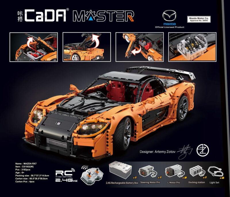 Bộ lắp ráp CaDA C61502 Mazda RX-7 VeilSide Fortune tỉ lệ 1:8, đồ chơi mô hình xe thể thao cam đen có điều khiển từ xa và đèn LED, phù hợp bé trai 6 tuổi, giá tốt.