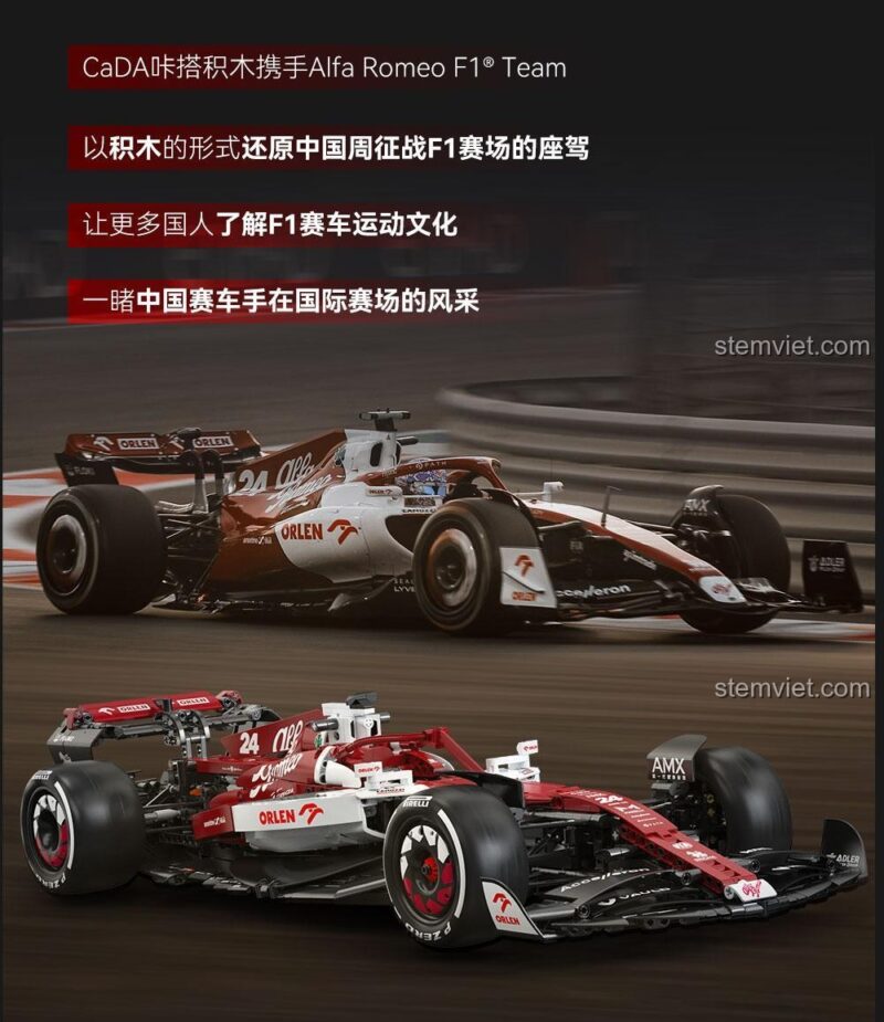 So sánh giữa mô hình đồ chơi mô hình CaDA C64005 và xe đua F1 Alfa Romeo thật, thể hiện sự tương đồng và chi tiết.