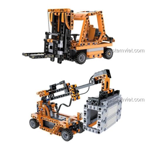 Mô hình xe nâng hàng và xe xếp dỡ container từ bộ đồ chơi mô hình CaDA C71002, hai trong số 10 mẫu lắp ráp kỹ thuật cho con trai.