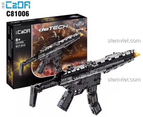 Hộp sản phẩm và mô hình đồ chơi lắp ráp súng MP5 CaDA C81006, thể hiện rõ 617 chi tiết và thiết kế Technic.