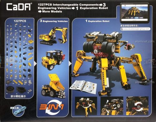 Chi tiết 4 mô hình của bộ xếp hình CaDA C91064: Robot Nhện 6 Chân, Xe Tải Mỏ, Xe Xúc Lật, Máy Xúc. Tương thích Technic.