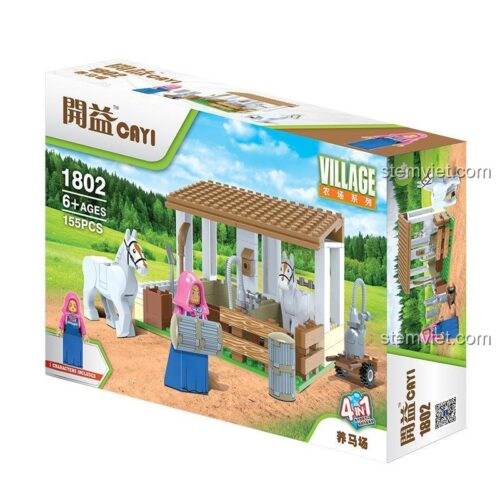 Hộp sản phẩm bộ lắp ráp Trang trại ngựa CAYI 1802, 155 chi tiết, lắp được 4 trong 1, là món quà giá rẻ cho bé gái.