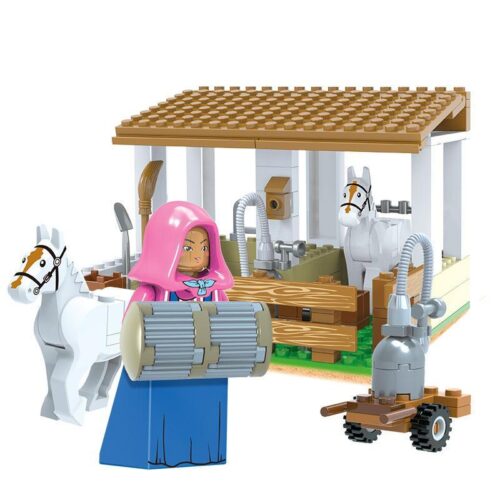 Mô hình đồ chơi mô hình Chuồng ngựa 1802 với minifigure cô gái nông dân và hai chú ngựa trắng, phù hợp cho con gái 6 tuổi.
