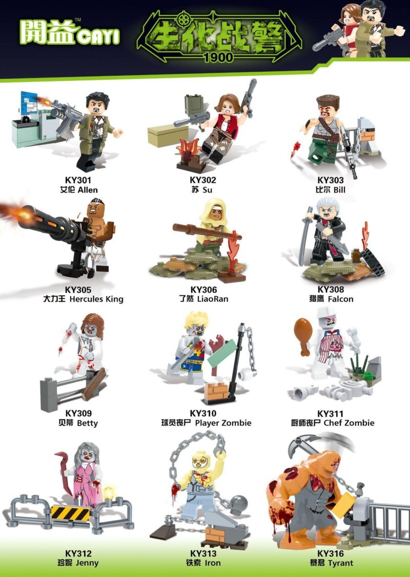 Poster giới thiệu bộ sưu tập minifigure CAYI 1900 chủ đề Cảnh Sát Sinh Hóa, bao gồm 12 nhân vật độc đáo từ người sống sót đến zombie, phù hợp cho bé trai trên 6 tuổi.
