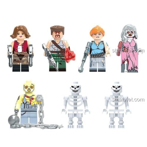 7 minifigures trong bộ đồ chơi xếp hình CAYI 1909, bao gồm chiến binh và zombie, phù hợp cho bé trai trên 6 tuổi.