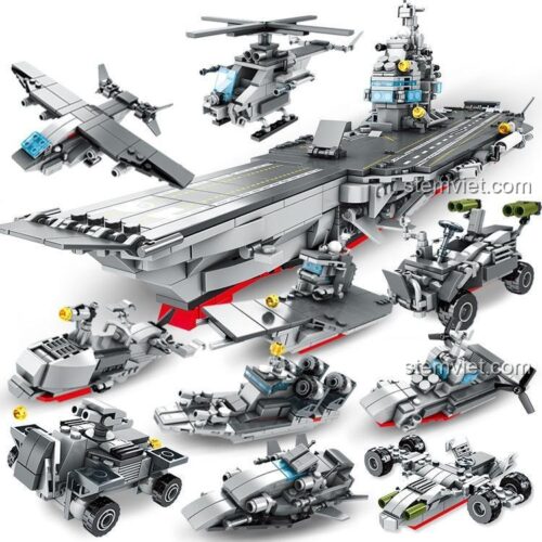 Toàn bộ 9 mô hình có thể lắp ráp từ bộ xếp hình Tàu chiến hải quân CAYI 2211, bao gồm 8 phương tiện nhỏ và 1 tàu sân bay lớn, một lựa chọn đồ chơi lắp ráp đa dạng.