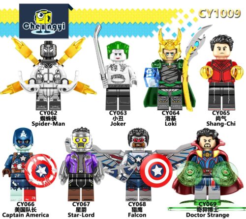 Bộ đồ chơi Chengyi CY1009 gồm 8 nhân vật siêu anh hùng Marvel: Spider-Man, Joker, Loki, Shang-Chi, Captain America, Star-Lord, Falcon, Doctor Strange, phù hợp cho bé trai 6 tuổi, rèn luyện sáng tạo và phối hợp tay mắt.