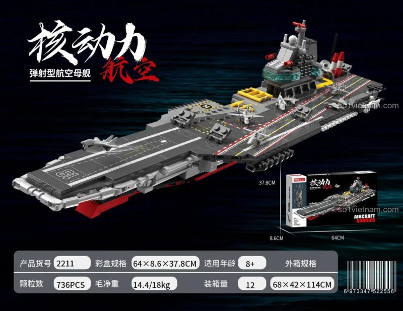 Thông tin chi tiết bộ lắp ráp 2211 Tàu Sân Bay Quân Sự Chizaozhe 2211, đồ chơi lắp ghép Tàu Sân Bay Phóng Máy Bay với 736 chi tiết, phù hợp bé trai 8 tuổi.