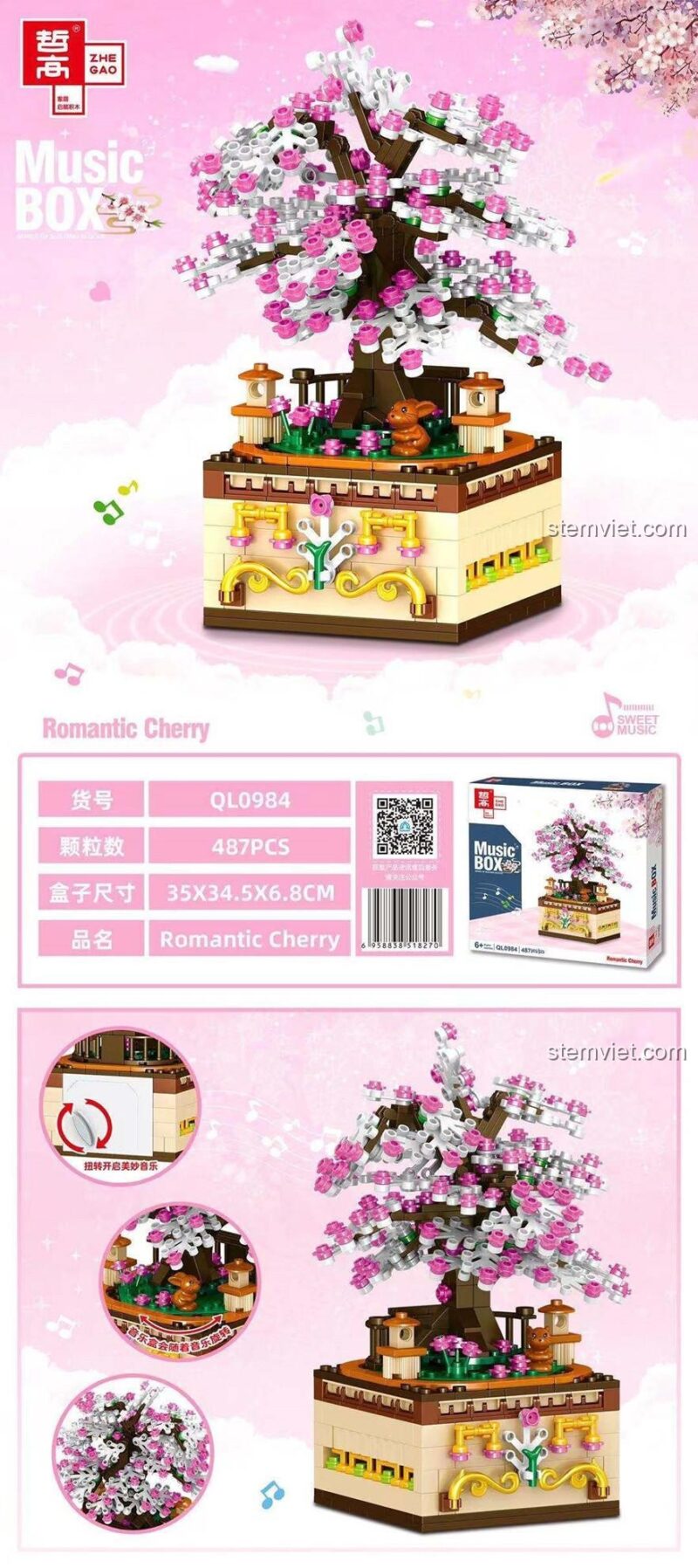 Cơ chế quay nhạc hộp nhạc ZHEGAO QL0984 Cây anh đào