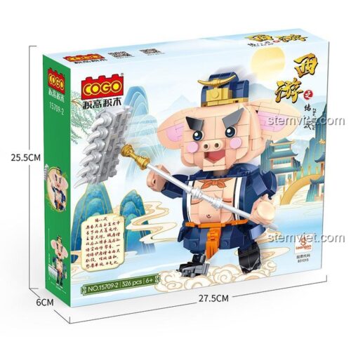 Hộp đồ chơi lắp ráp COGO 15709-2 Trư Bát Giới, bộ xếp hình Thiên Bồng Nguyên Soái với kích thước rõ ràng, phù hợp bé trai.