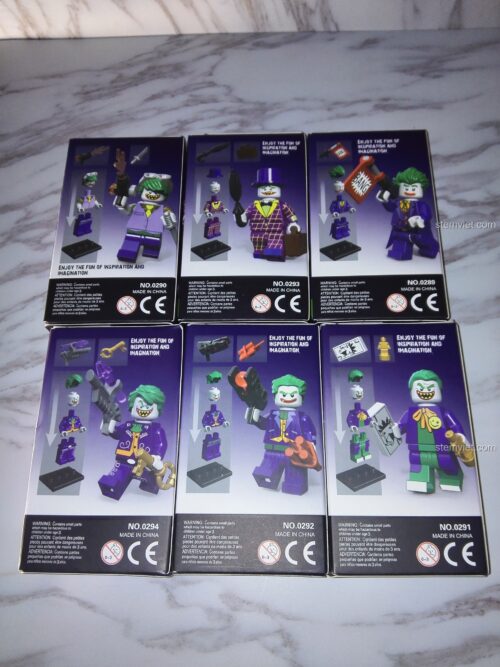 Mặt sau hộp đồ chơi minifigure Joker 0291, hiển thị các phụ kiện đi kèm và cảnh báo an toàn.