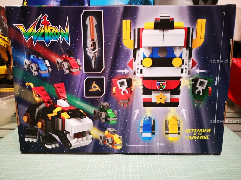 Mặt sau hộp bộ lắp ghép Voltron 18002 của Decool, hiển thị kích thước và các chi tiết của robot.