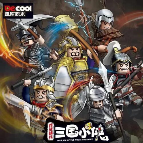 Poster quảng cáo bộ sưu tập minifigure Tam Quốc của Decool, nổi bật là các chiến binh dũng mãnh, bao gồm Lính Bạch Nhị 20341, đồ chơi cho bé trai 6 tuổi.