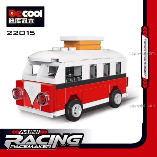 Mô hình Volkswagen T1 Decool 22015 màu đỏ trắng với động cơ kéo lùi, đồ chơi lắp ráp chất lượng cao cho bé trai 6 tuổi.