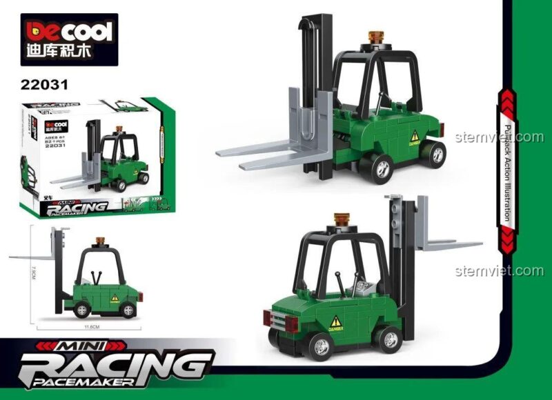 Hộp đồ chơi lắp ráp DECOOL 22031 Xe nâng hàng mini kéo lùi, thể hiện tính năng động cơ kéo lùi, phù hợp bé trai 6 tuổi.