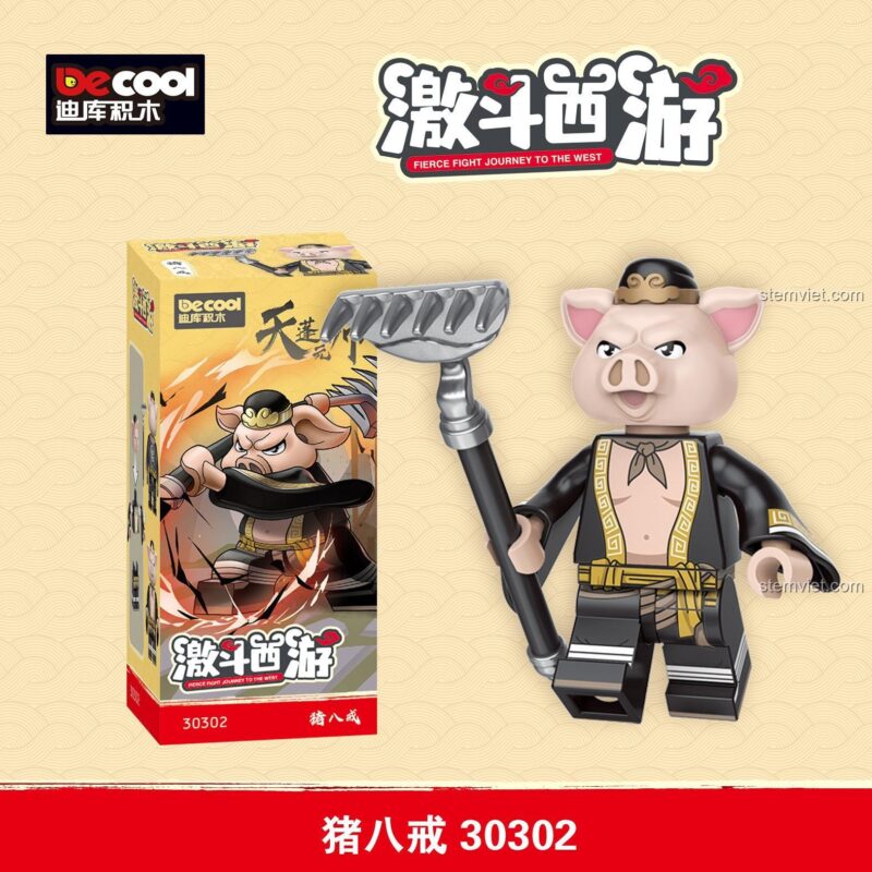 Hộp sản phẩm và minifigure Trư Bát Giới 30302 của hãng Decool, đồ chơi mô hình Tây Du Ký cho bé trai.