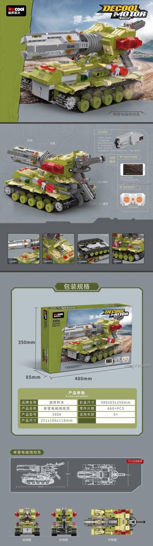 Chi tiết bộ lắp ráp Xe Tăng Red Alert Decool, có điều khiển từ xa, dành cho con trai trên 6 tuổi.