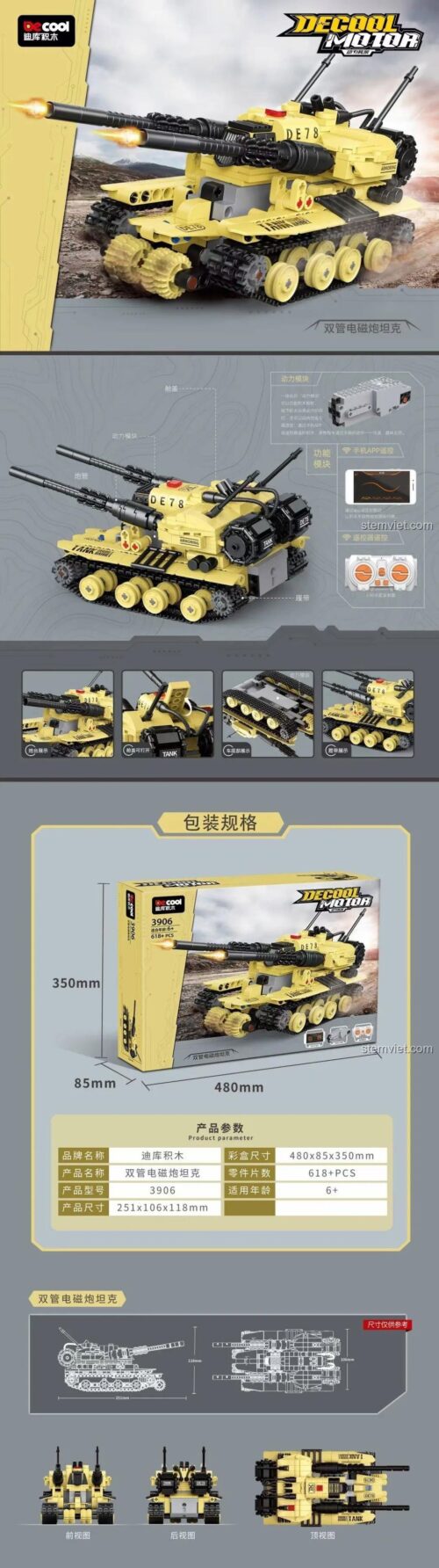Các tính năng nổi bật của đồ chơi mô hình xe tăng Thiên Khải Decool 3906, điều khiển bằng app điện thoại, giá rẻ.