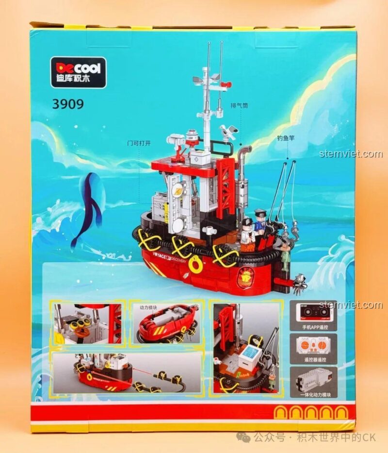 Ảnh chụp các góc cạnh của hộp bộ xếp hình Decool 3909, cho thấy thiết kế và thông tin sản phẩm.