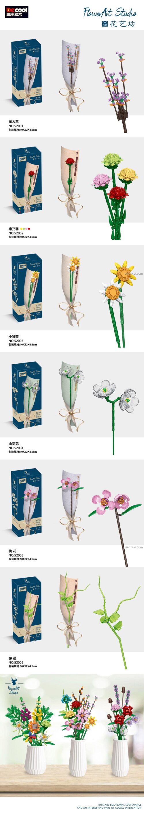 Catalog tổng hợp 18 mẫu hoa lắp ráp Decool Flower Art Studio, trong đó có Bó Hoa Đào 52005.