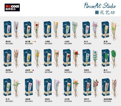 Poster bộ sưu tập 18 mẫu hoa Decool Flower Art Studio, bao gồm mẫu 52008 Hoa Kim Ngư Thảo, quà tặng sáng tạo cho bé gái 6 tuổi.