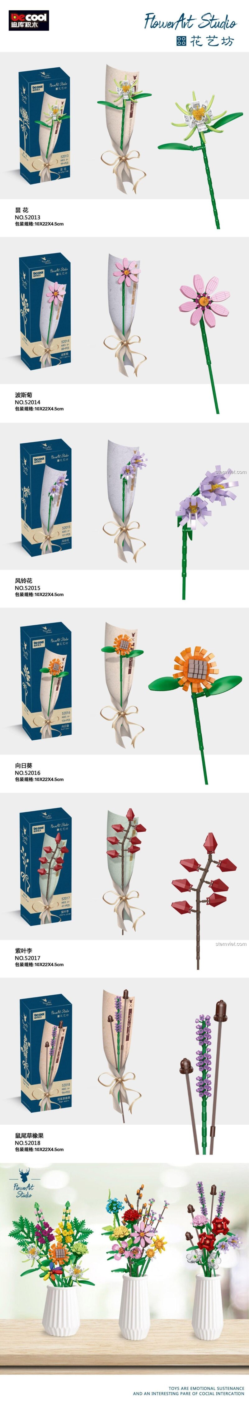 Chi tiết 6 mẫu hoa cuối cùng trong bộ sưu tập đồ chơi lắp ráp DECOOL Flower Art Studio, nhiều lựa chọn quà tặng sáng tạo.