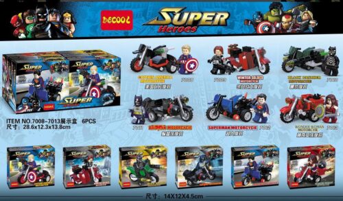 Hộp sản phẩm bộ lắp ghép xe mô tô siêu anh hùng Decool 7008-7013, thể hiện 6 mẫu xe và minifigures.