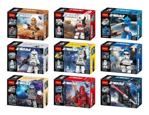 Trọn bộ 9 minifigures Star Wars Decool 907, bao gồm các nhân vật Clone Trooper và Stormtrooper, là bộ đồ chơi lắp ráp giá rẻ cho bé trai 6 tuổi.