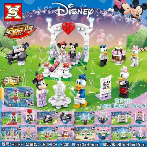 Bộ lắp ghép Disney 3036 Hạnh Phúc Vĩnh Cửu - Đám Cưới Mickey và Minnie, bao gồm các nhân vật Mickey, Minnie, Donald, Daisy, số chi tiết 339 mảnh, phù hợp cho bé gái 6 tuổi.